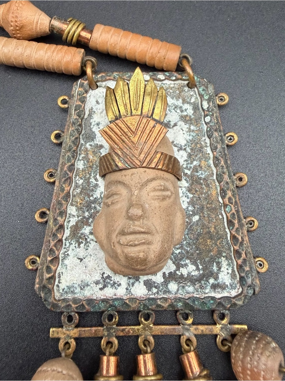 Vintage Casa Maya Mexico mixed-metal carved clay pendant necklace #B82 - Picture 2 of 13